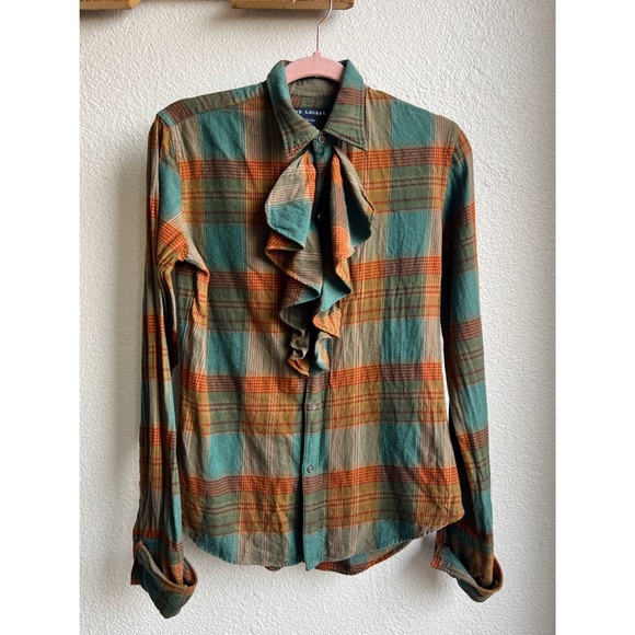 Ralph Lauren Madras Ruffle Front Plaid Flannel Cotton Blouse 6 - Picture 1 of 5